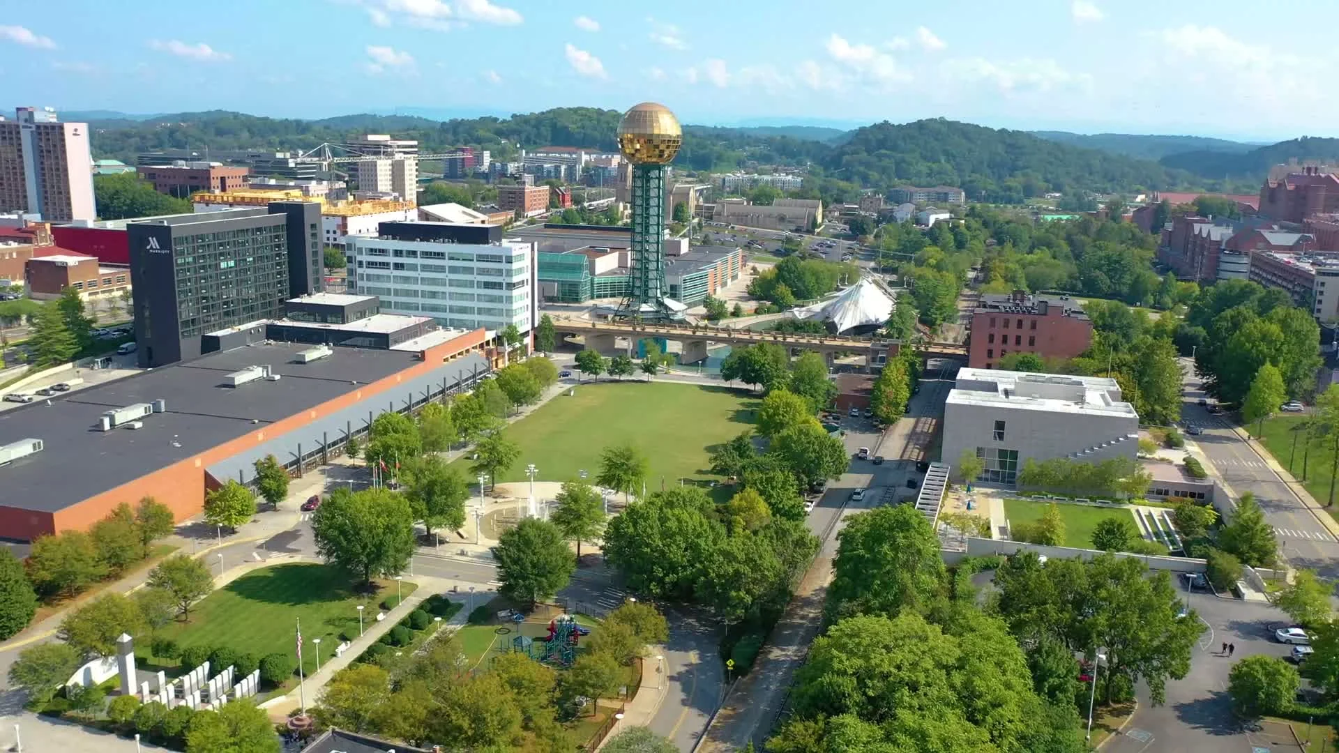 The Sunsphere and World’s Fair Park in Knoxville from the air
